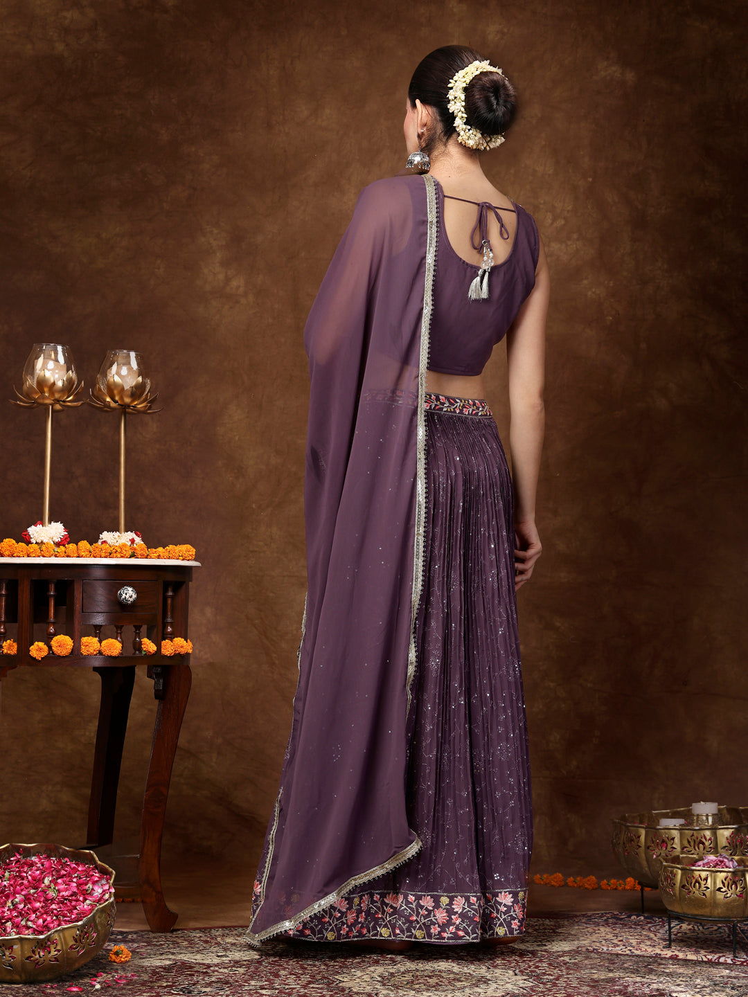 Women's Purple Embroidered Georgette Lehenga & Blouse with Dupatta