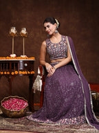 Women's Purple Embroidered Georgette Lehenga & Blouse with Dupatta