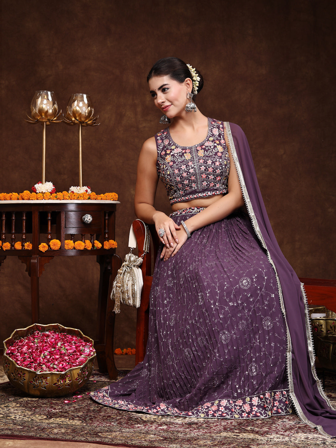 Women's Purple Embroidered Georgette Lehenga & Blouse with Dupatta
