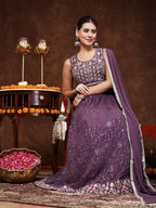Women's Purple Embroidered Georgette Lehenga & Blouse with Dupatta