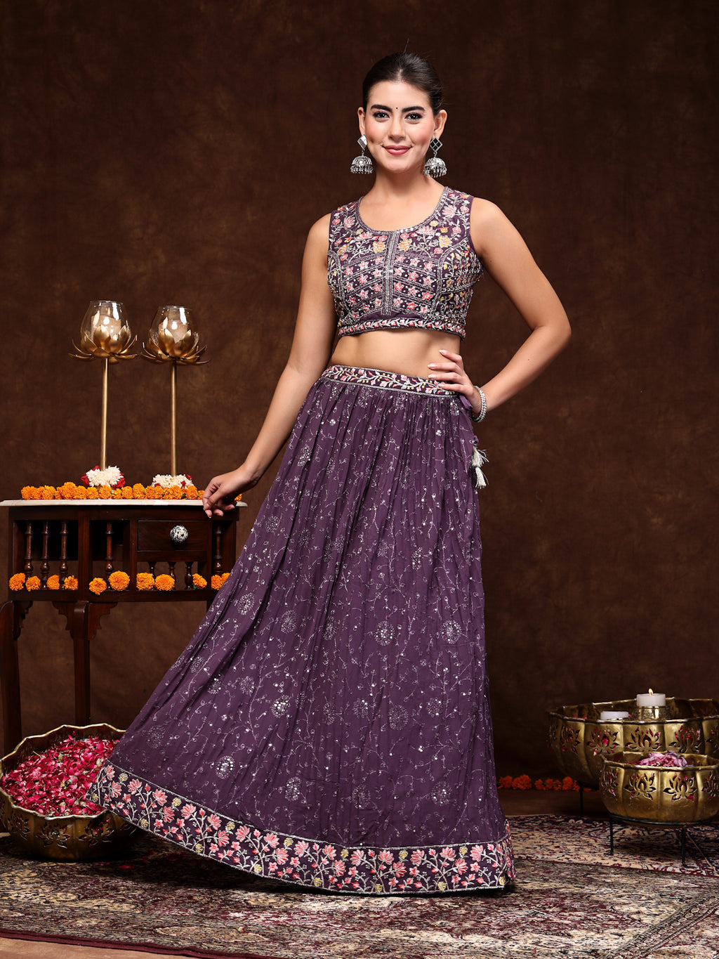 Women's Purple Embroidered Georgette Lehenga & Blouse with Dupatta