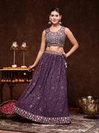 Women's Purple Embroidered Georgette Lehenga & Blouse with Dupatta