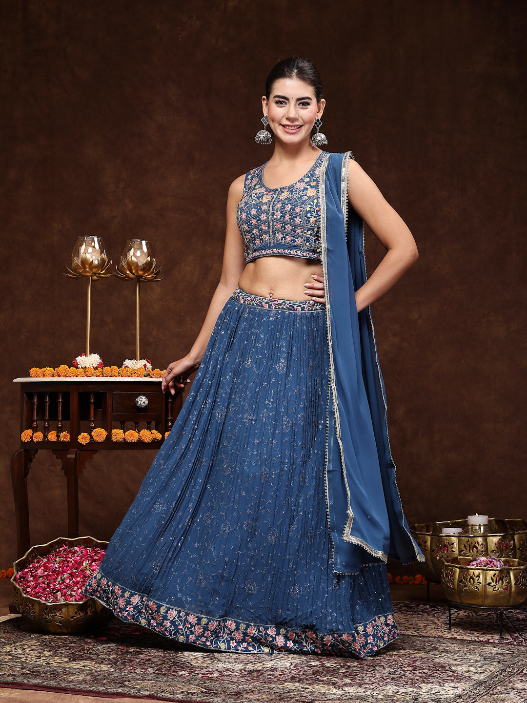 Women's Royal Embroidered Georgette Lehenga & Blouse with Dupatta