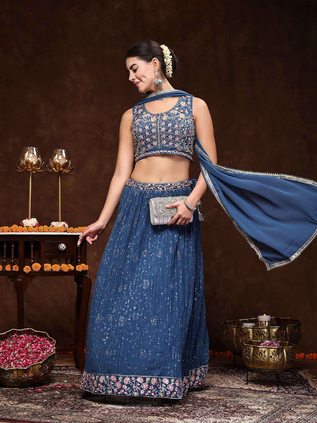 Women's Royal Embroidered Georgette Lehenga & Blouse with Dupatta