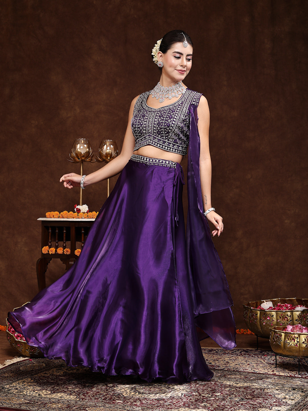 Women's Wine Jimmy Choo Lehenga & Blouse with Dupatta