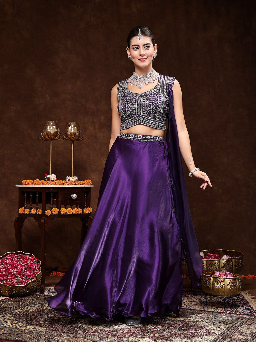 Women's Wine Jimmy Choo Lehenga & Blouse with Dupatta