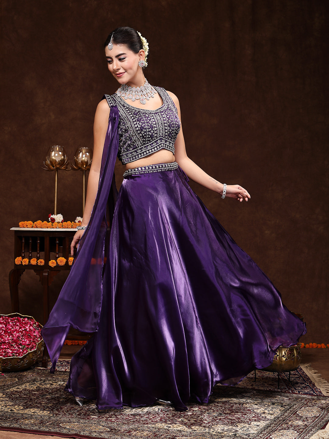 Women's Wine Jimmy Choo Lehenga & Blouse with Dupatta