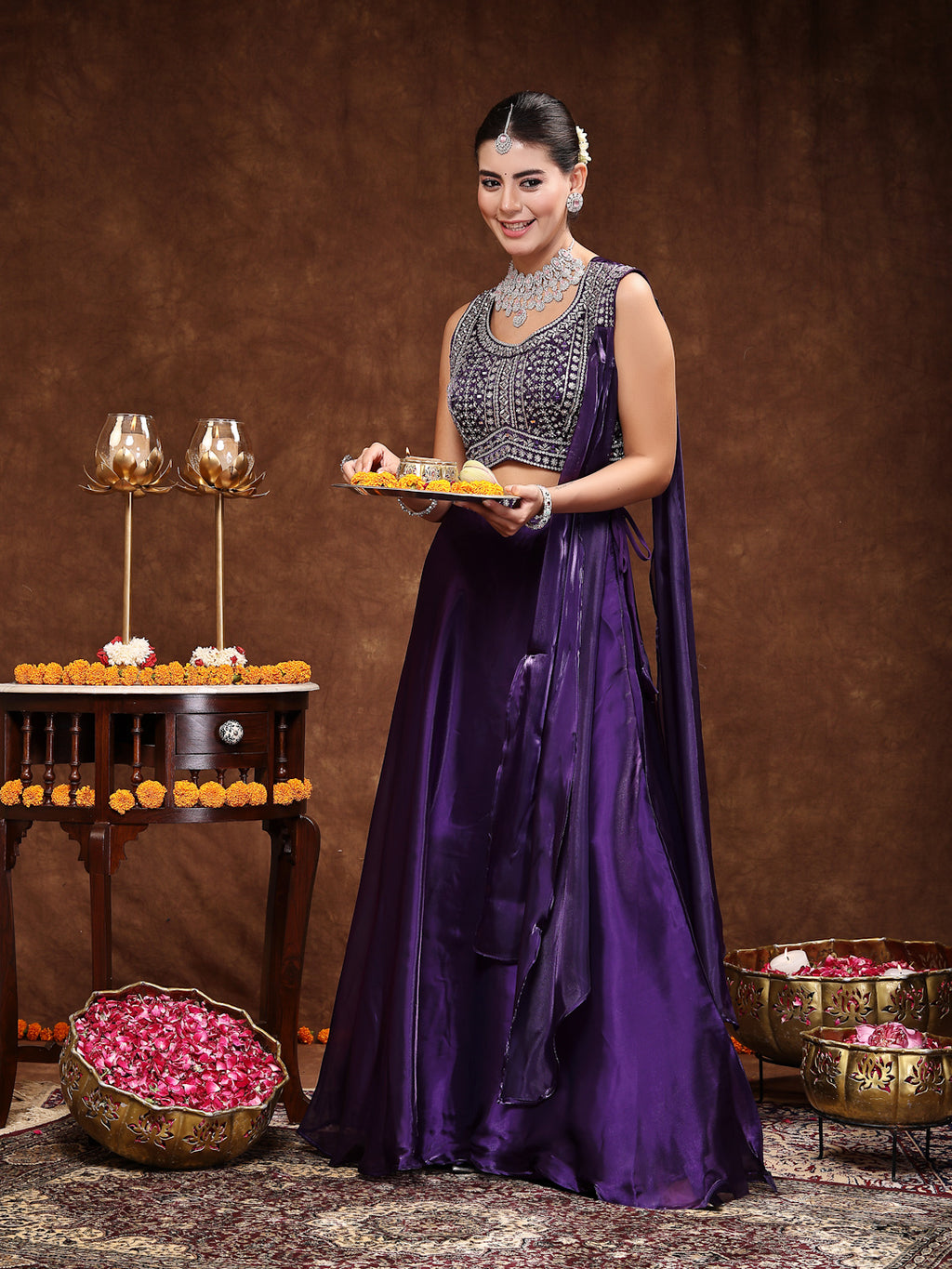 Women's Wine Jimmy Choo Lehenga & Blouse with Dupatta