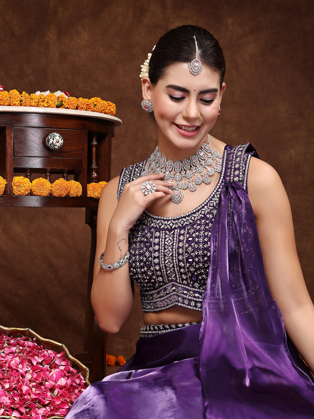 Women's Wine Jimmy Choo Lehenga & Blouse with Dupatta