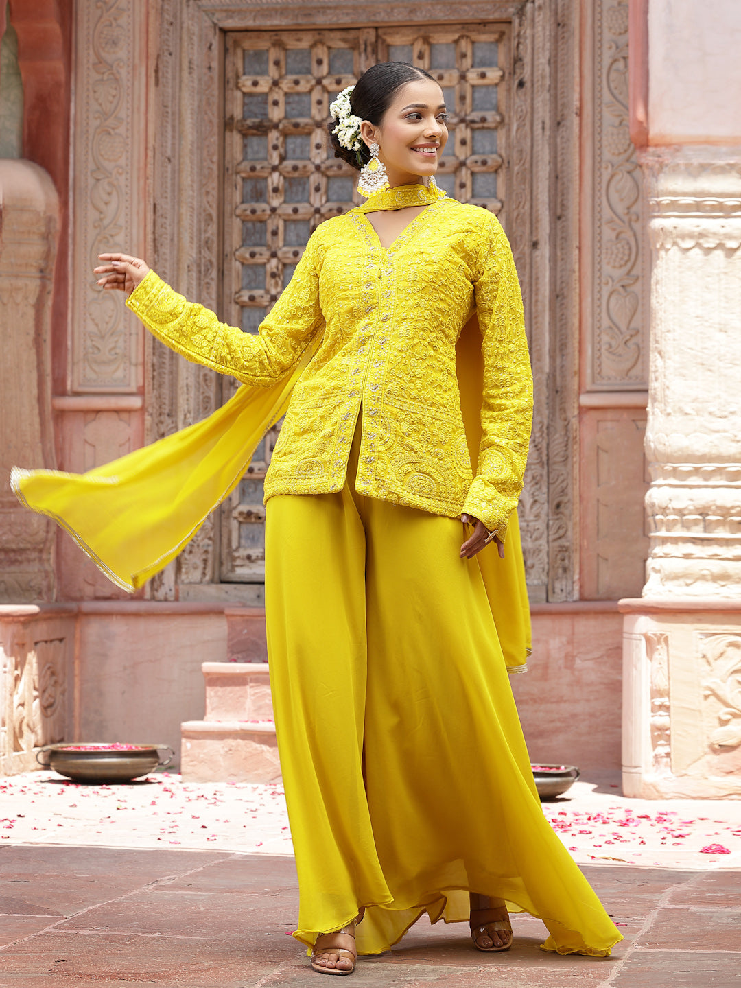 Women's Yellow Haldi & Mehandi Special Georgette Top Palazzo Dupatta Co-ord Set