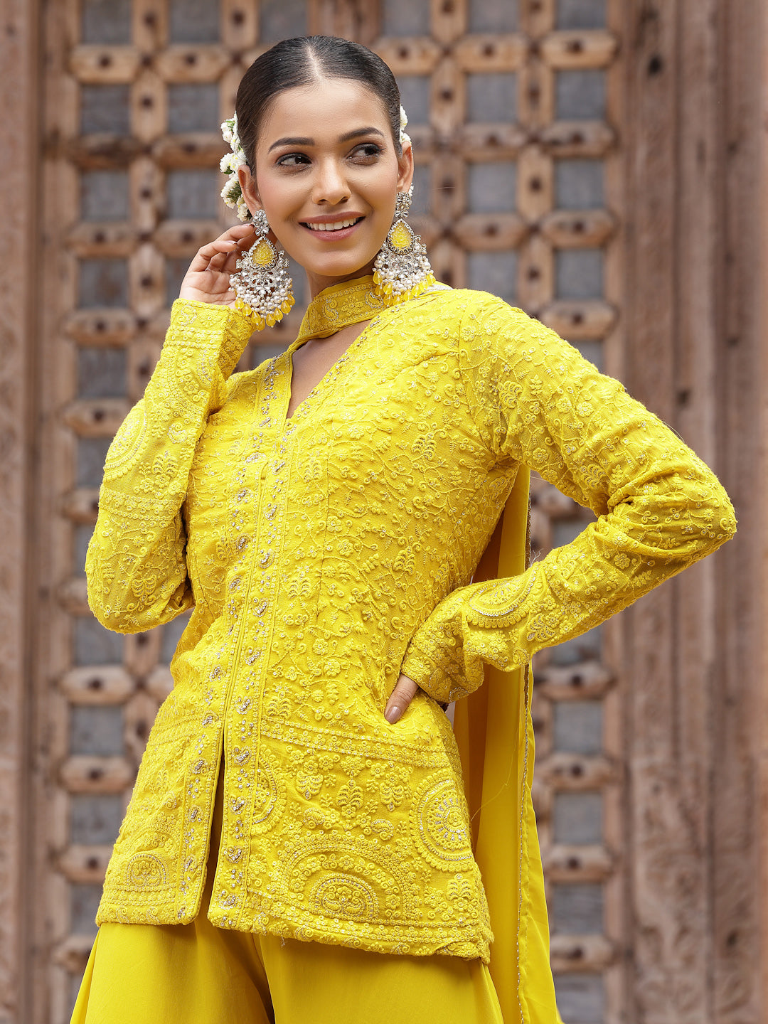 Women's Yellow Haldi & Mehandi Special Georgette Top Palazzo Dupatta Co-ord Set