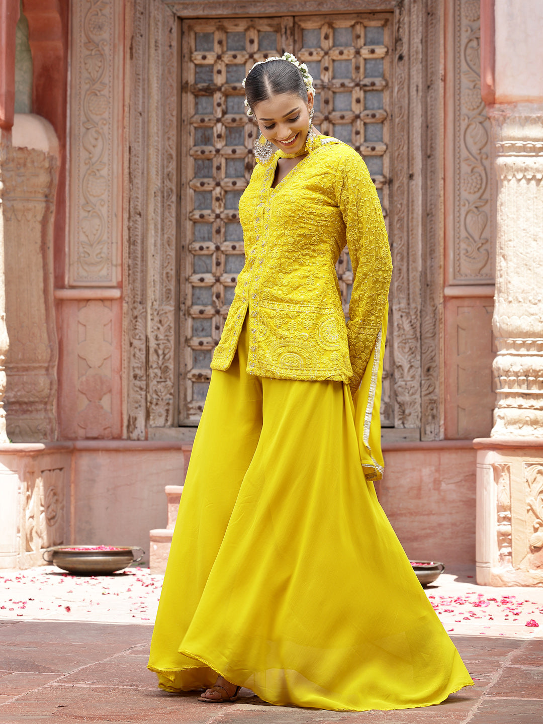Women's Yellow Haldi & Mehandi Special Georgette Top Palazzo Dupatta Co-ord Set