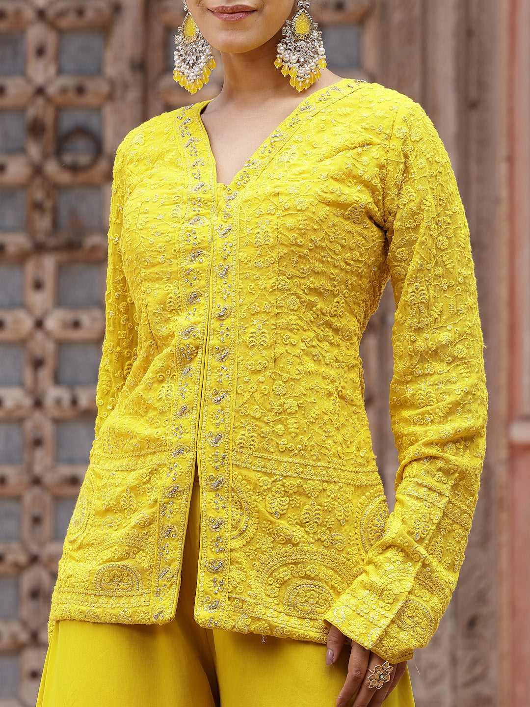 Women's Yellow Haldi & Mehandi Special Georgette Top Palazzo Dupatta Co-ord Set