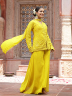 Women's Yellow Haldi & Mehandi Special Georgette Top Palazzo Dupatta Co-ord Set