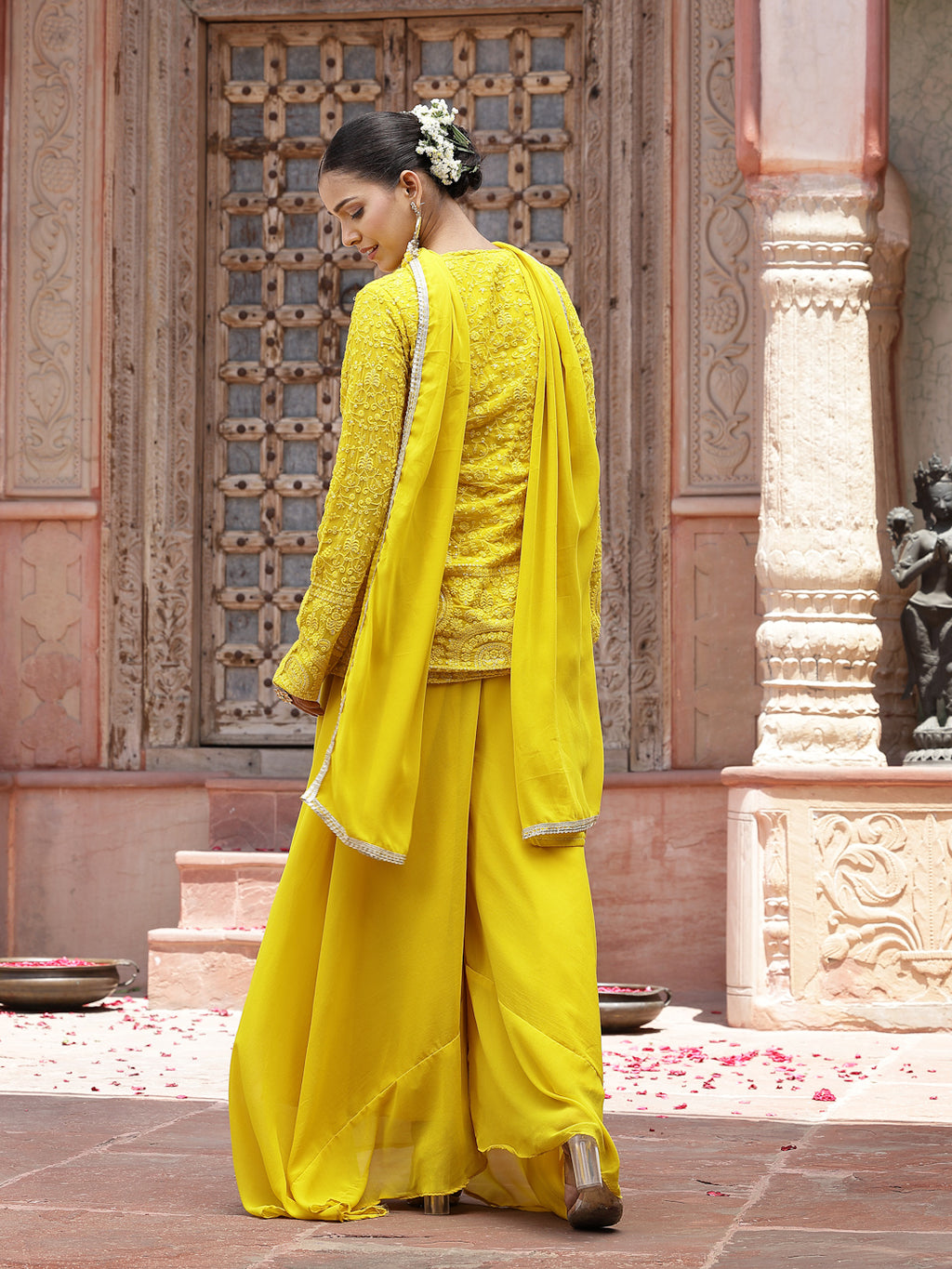 Women's Yellow Haldi & Mehandi Special Georgette Top Palazzo Dupatta Co-ord Set