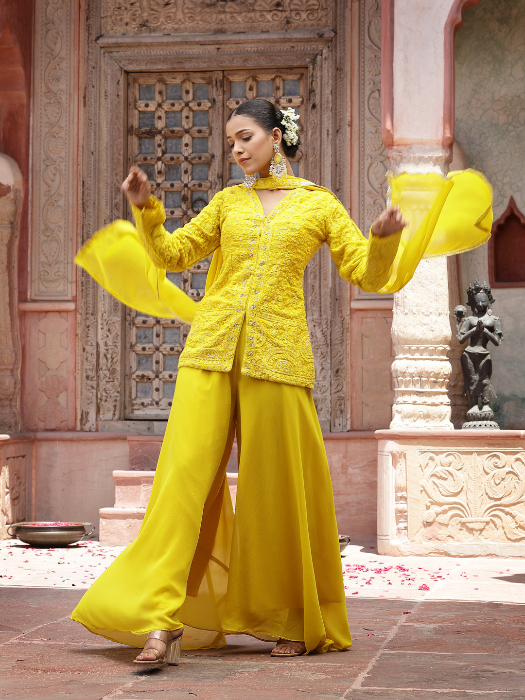 Women's Yellow Haldi & Mehandi Special Georgette Top Palazzo Dupatta Co-ord Set