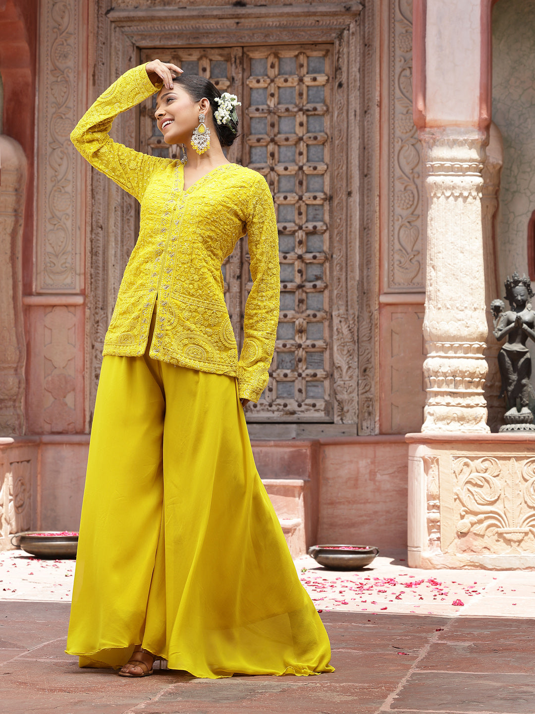 Women's Yellow Haldi & Mehandi Special Georgette Top Palazzo Dupatta Co-ord Set