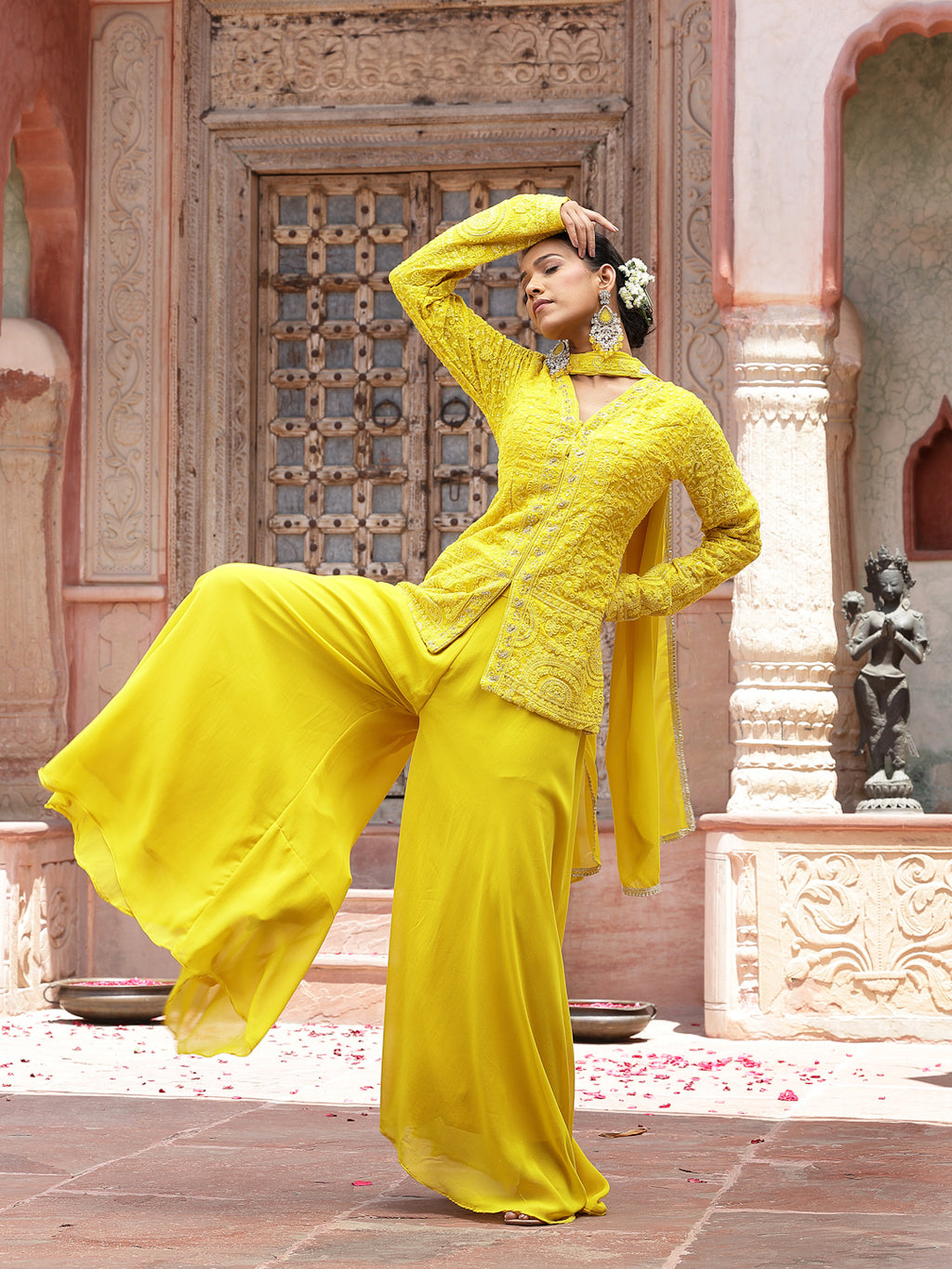 Women's Yellow Haldi & Mehandi Special Georgette Top Palazzo Dupatta Co-ord Set
