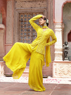 Women's Yellow Haldi & Mehandi Special Georgette Top Palazzo Dupatta Co-ord Set