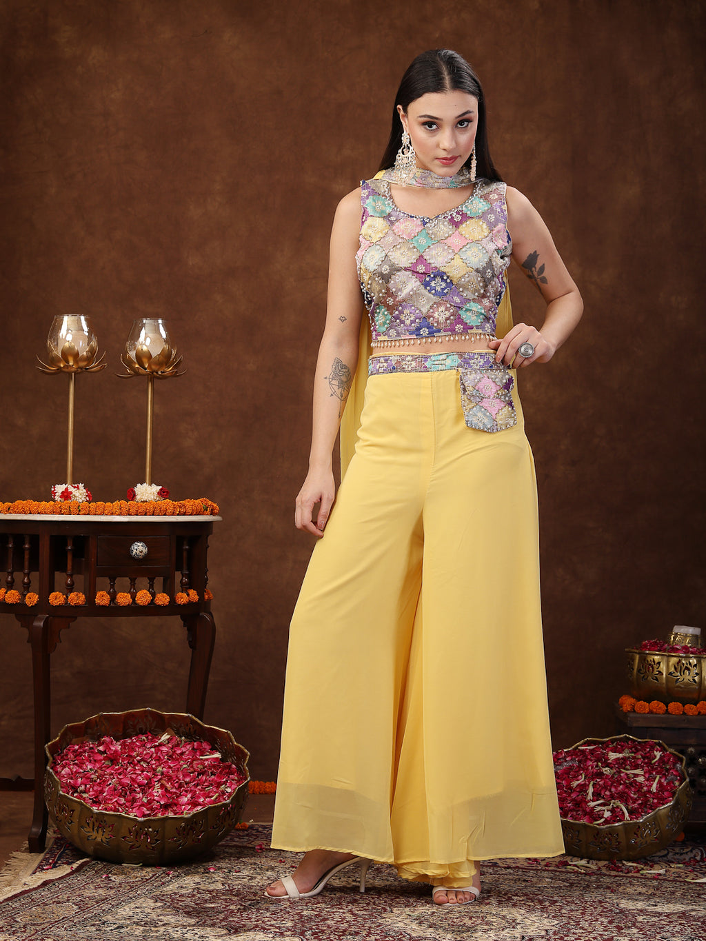 Women's Yellow Embellished Party Wear Georgette Palazzo & Blouse with Dupatta