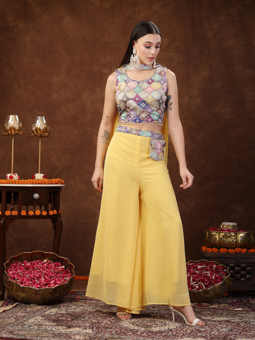 Women's Yellow Embellished Party Wear Georgette Palazzo & Blouse with Dupatta