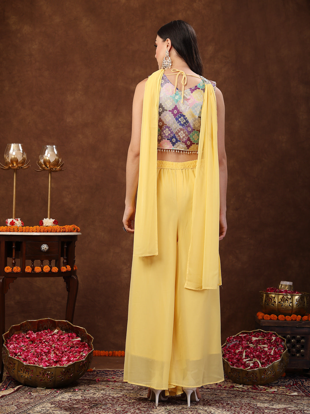 Women's Yellow Embellished Party Wear Georgette Palazzo & Blouse with Dupatta