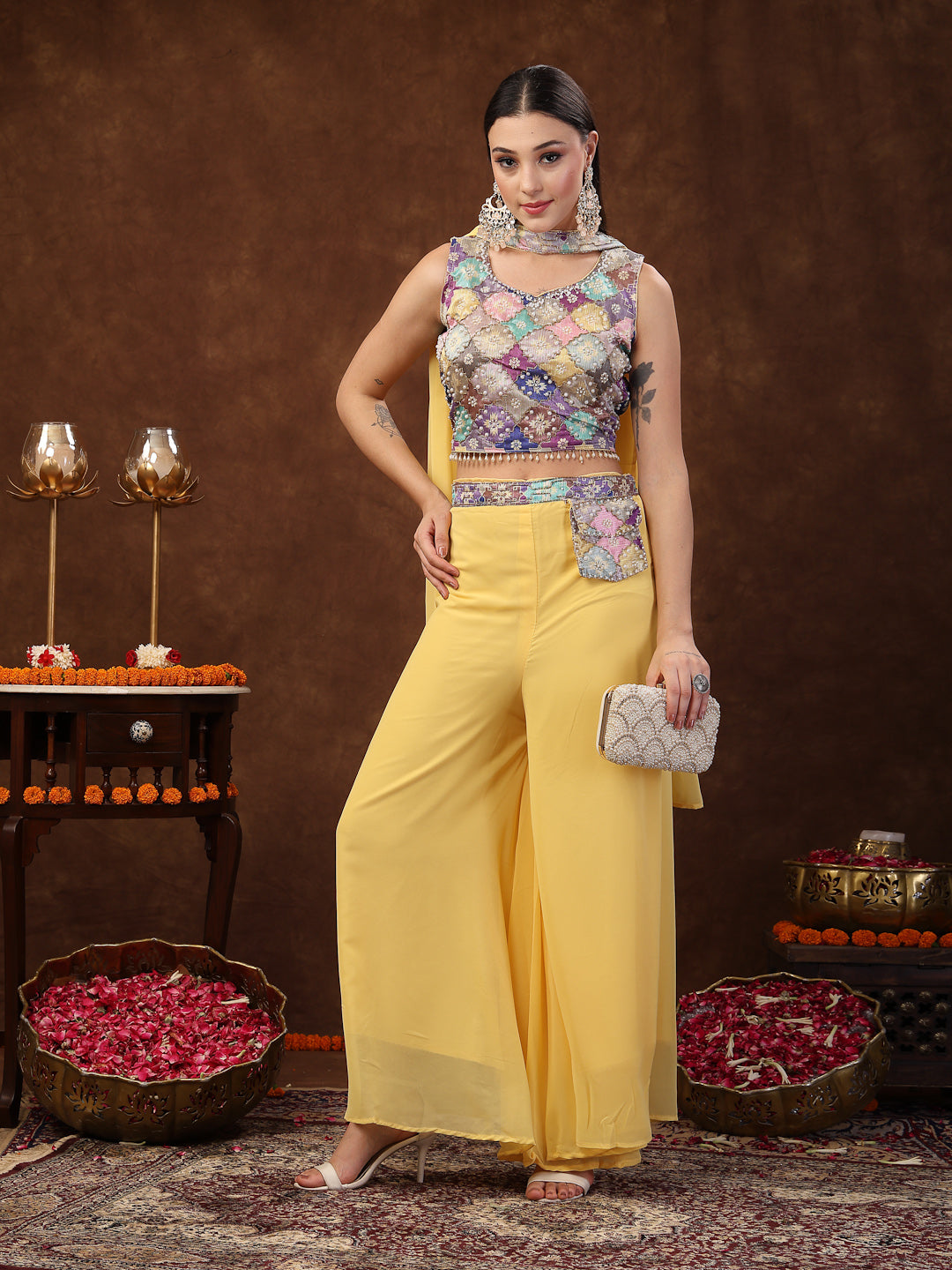 Women's Yellow Embellished Party Wear Georgette Palazzo & Blouse with Dupatta