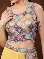 Women's Yellow Embellished Party Wear Georgette Palazzo & Blouse with Dupatta