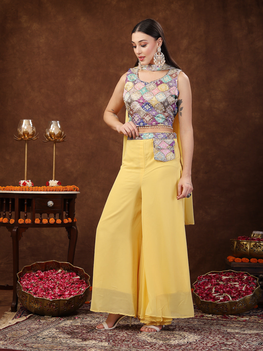 Women's Yellow Embellished Party Wear Georgette Palazzo & Blouse with Dupatta