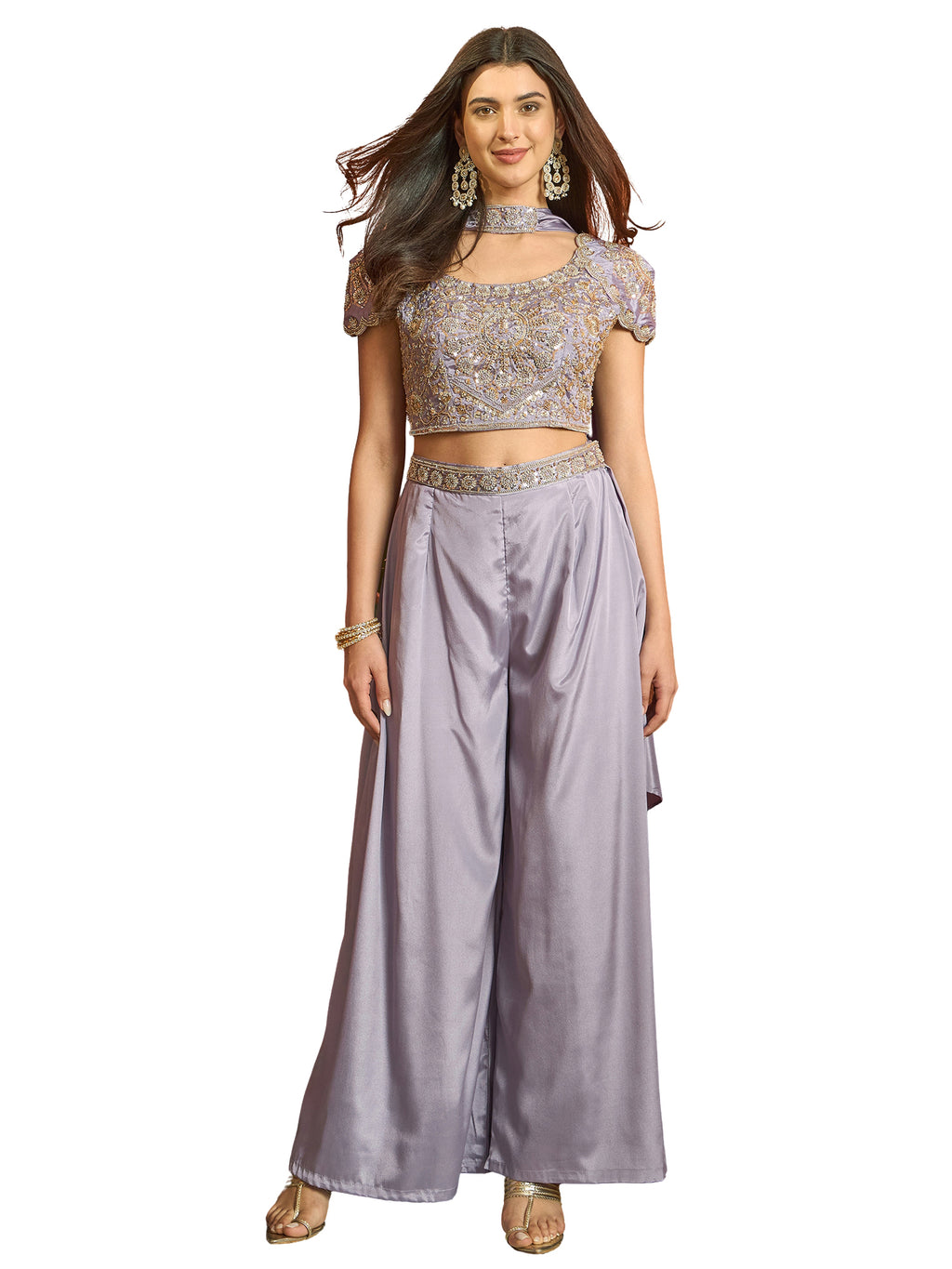 Women's Lilac Solid & Embroidered Poly Georgette Co-Ords Set
