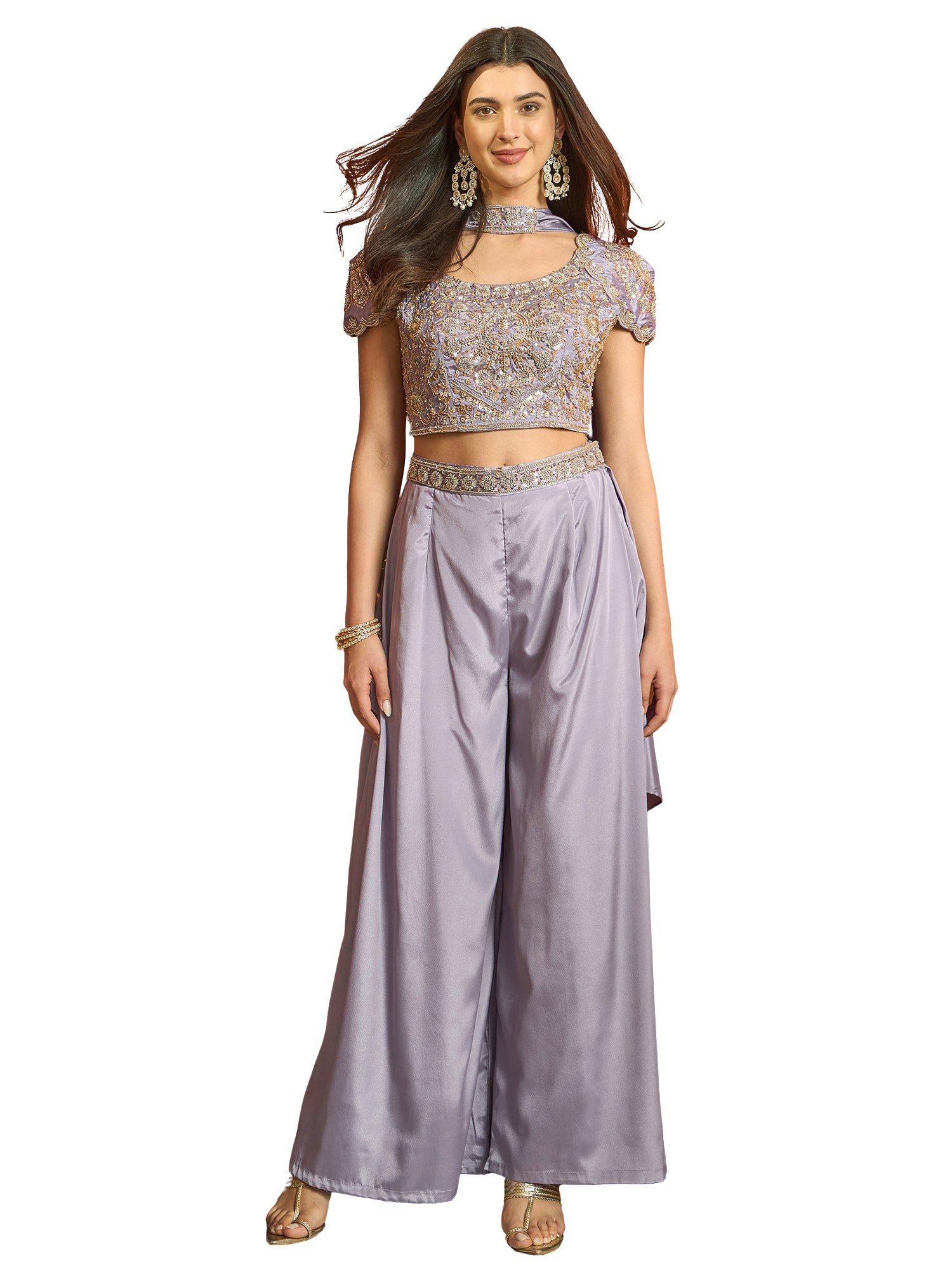Women's Lilac Solid & Embroidered Poly Georgette Co-Ords Set