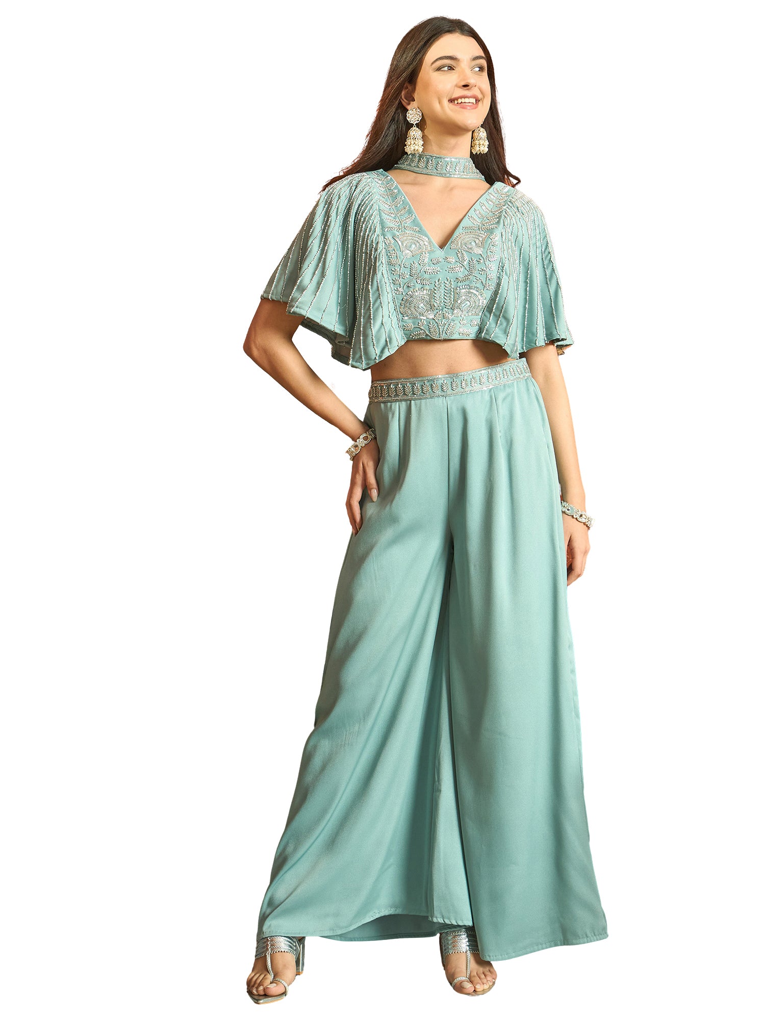 Women's Light Blue Solid & Embroidered Poly Georgette Co-Ords Set