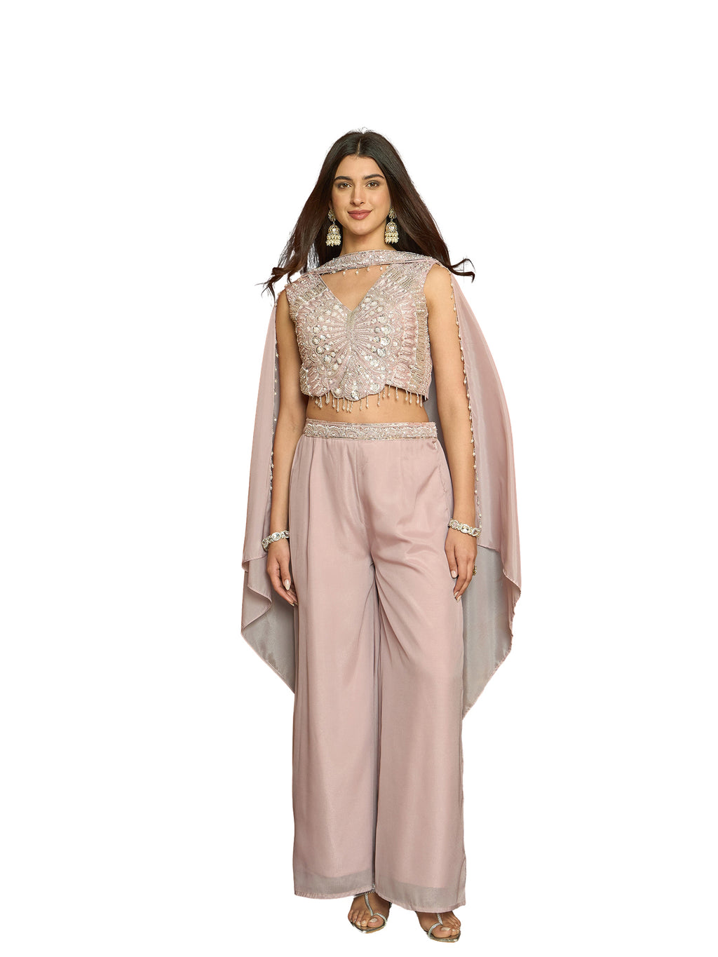 Women's Pink Solid & Embroidered Poly Georgette Co-Ord Set