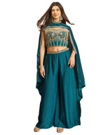 Women's Teal Solid & Embroidered Velvet Co-Ord Set